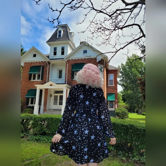 Starry Night Black Dress Star Print Long Sleeves Celestial Small - Picture 3 of 4